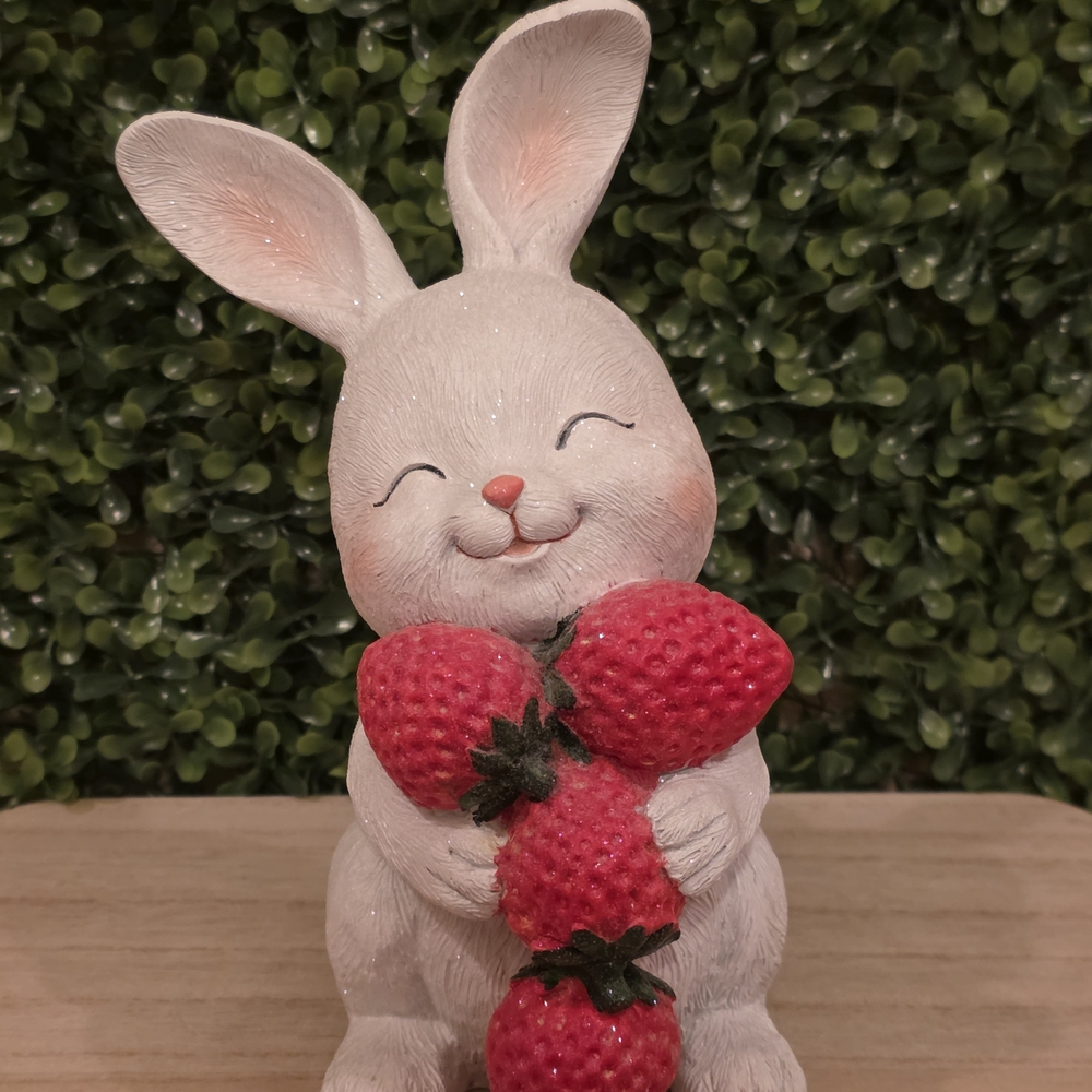 Charming White Bunny Figurine with Red Strawberries